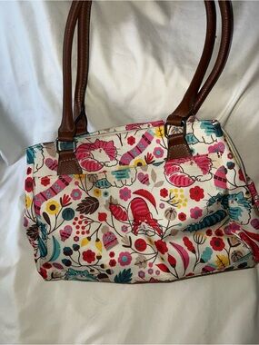 Lily Bloom Floral Canvas Satchel with Brown Handles